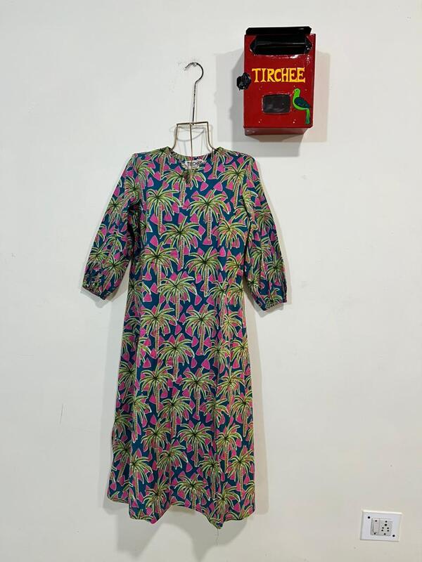 Rihana's Sleeved A-Line Dress - Turquoise & pink with Palms