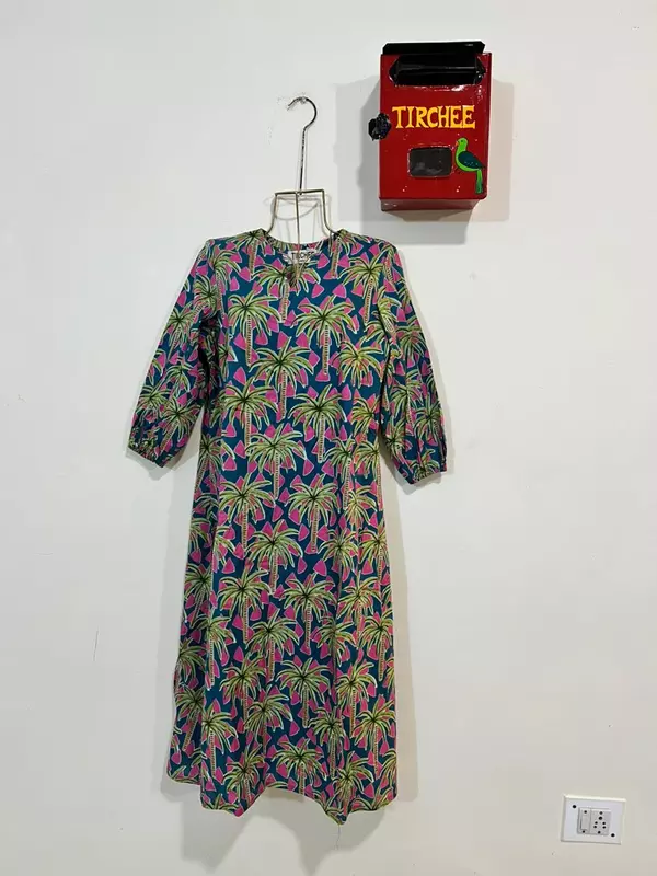 Rihana's Sleeved A-Line Dress - Turquoise & pink with Palms