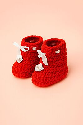 Red Frost Handknitted Baby Booties (6–12 Months)