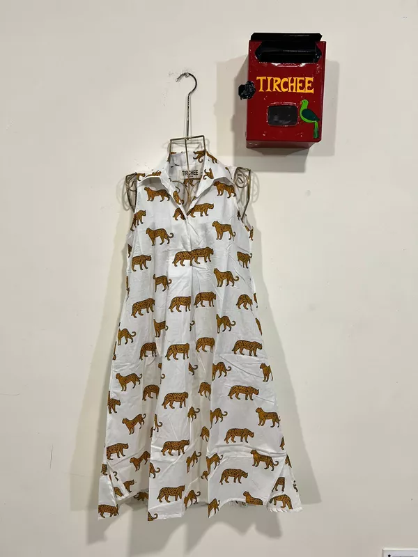 Kashish's Sleeve-less Shirt Dress - White & Cheetah
