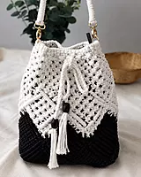 Black & White Macrame Bucket Bag with Tassels & Gold Hardware