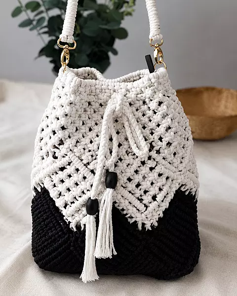 Black & White Macrame Bucket Bag with Tassels & Gold Hardware