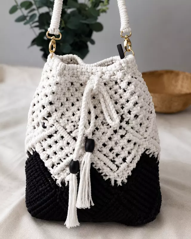Black & White Macrame Bucket Bag with Tassels & Gold Hardware