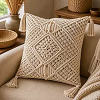 Natural Macrame Diamond Cushion Cover with Corner Tassels & Beads