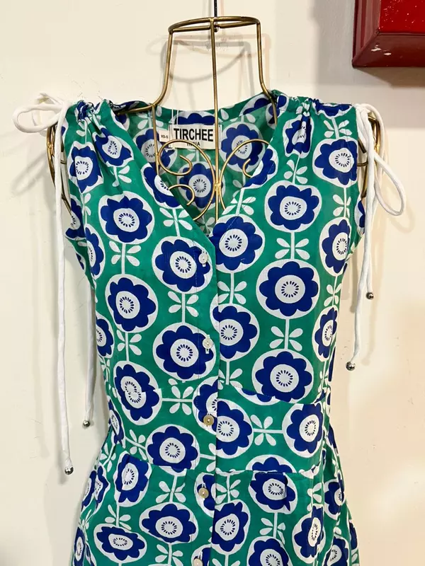 Leher's Sleeve-Less Fit & Flare Dress - Teal & Blue Flowers