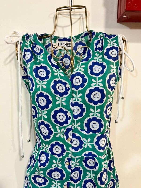 Leher's Sleeve-Less Fit & Flare Dress - Teal & Blue Flowers