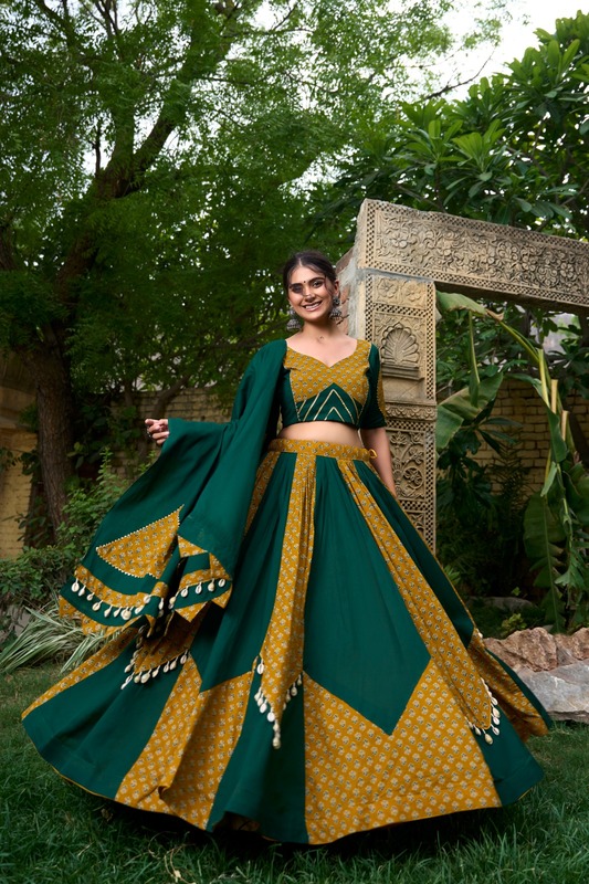 "Green Mustard Printed Navratri Lehenga Choli with Dupatta" D.B.33