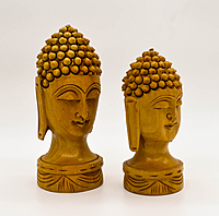 Decorative Buddha Head Statues, Hand-Carved Wood, Set of 2, 15.5 cm and 13 cm