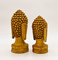 Decorative Buddha Head Statues, Hand-Carved Wood, Set of 2, 15.5 cm and 13 cm