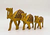 Decorative Wooden Camel Figurines, Set of 3, Handcrafted Jali Design, Natural