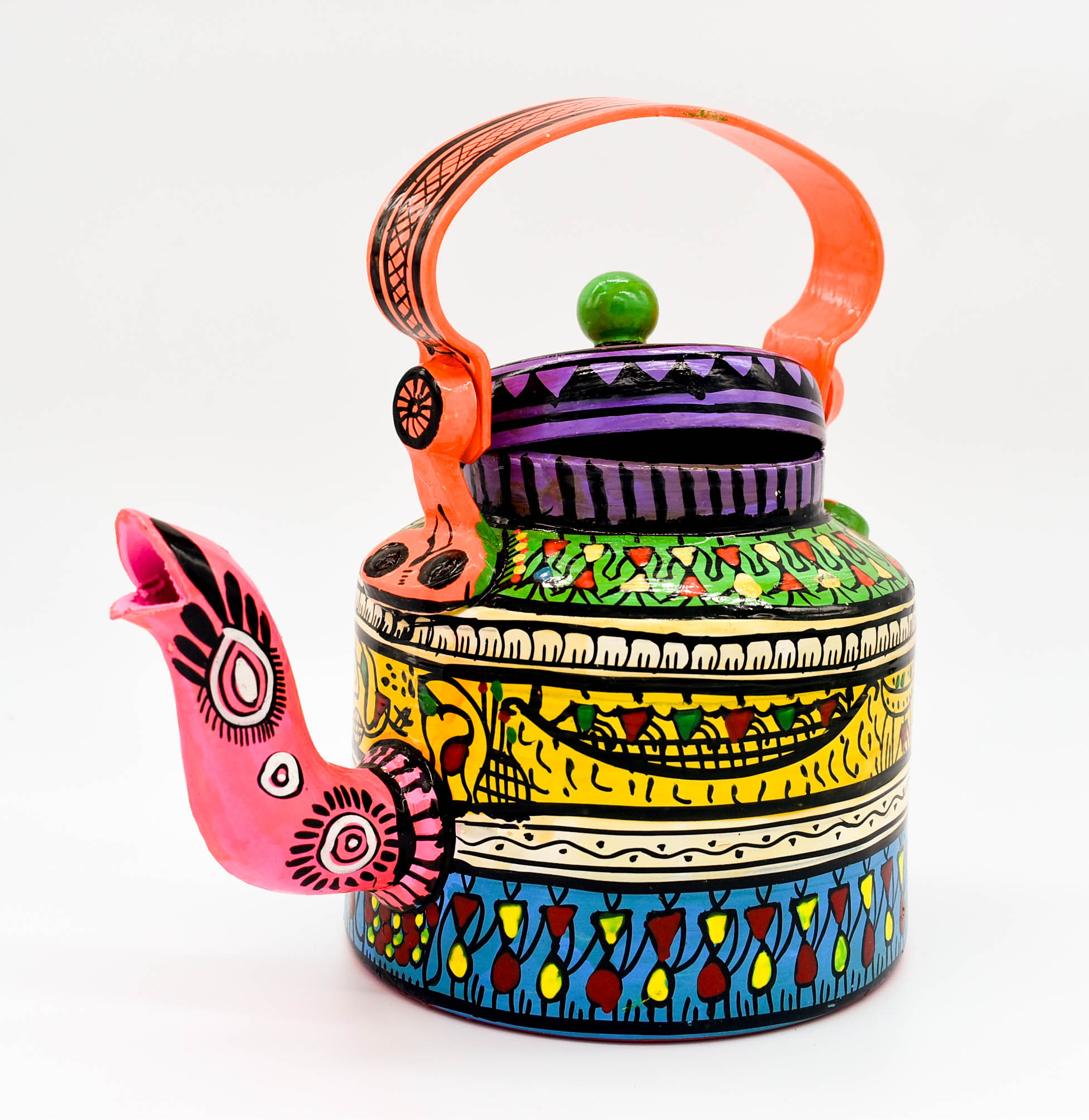 attachitra Hand-Painted Tea Kettle, Traditional Indian Folk Art Design, Multicoloured Aluminium
