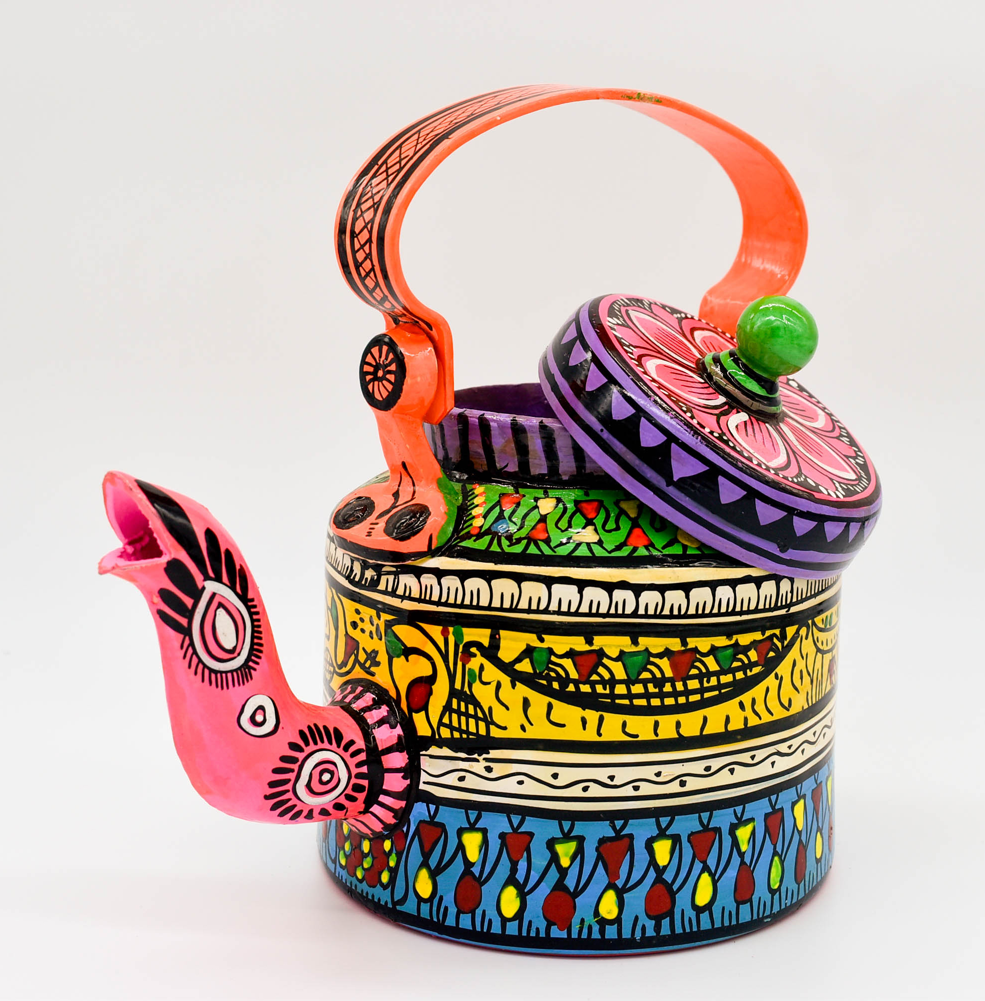 attachitra Hand-Painted Tea Kettle, Traditional Indian Folk Art Design, Multicoloured Aluminium