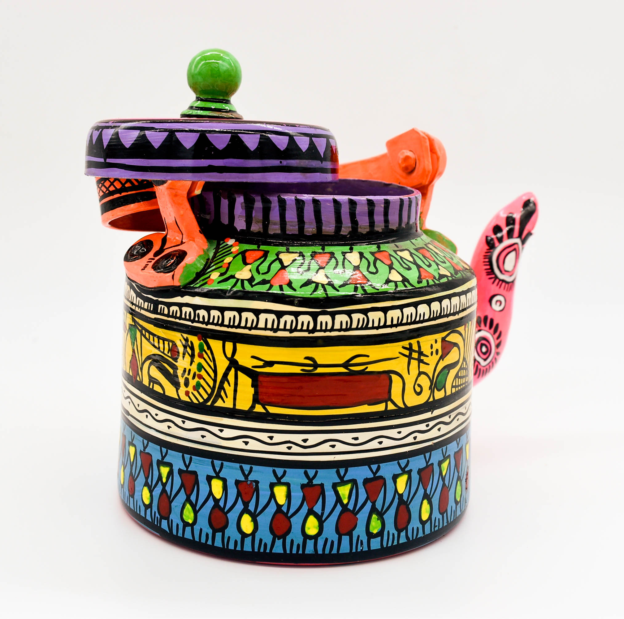 attachitra Hand-Painted Tea Kettle, Traditional Indian Folk Art Design, Multicoloured Aluminium
