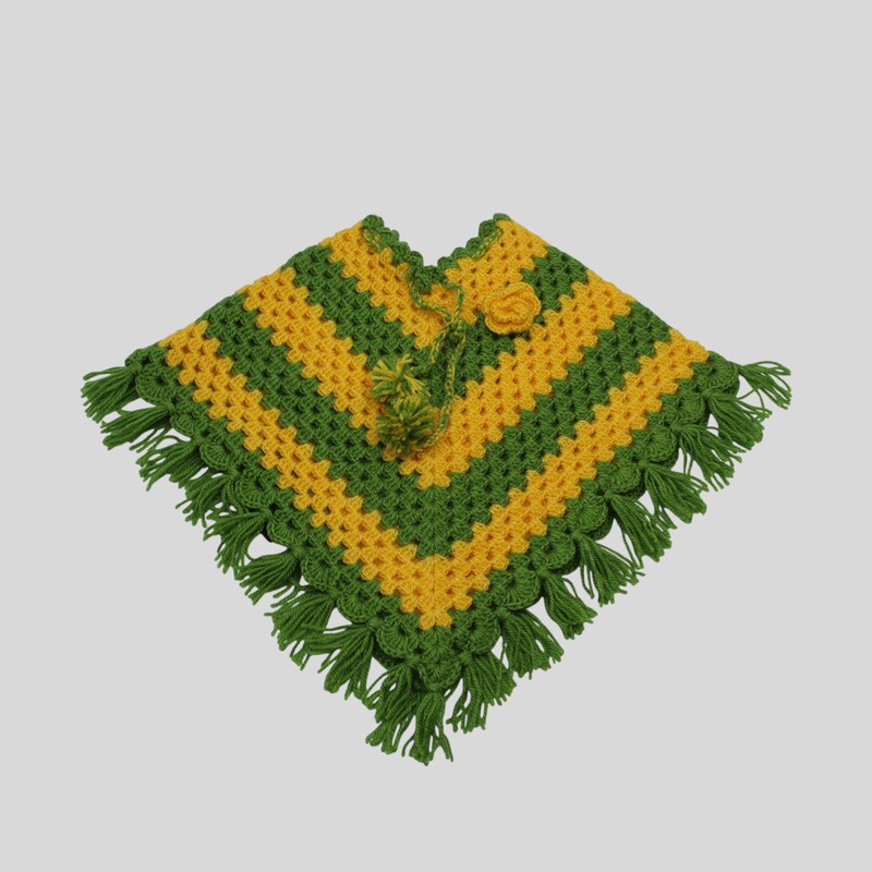 (6-12 Months) Baby Handknitted Woolen Poncho, Green and Yellow Striped with Fringe Detail