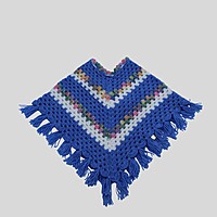(1-2 Years) Baby Handknitted Woolen Poncho, Blue with Multicolor Pattern