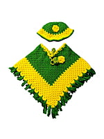 Handknitted green and yellow woolen poncho and cap for kids between 4 and 5 years || winterwear || beautiful design and excellent finish and amazing crotchet work
