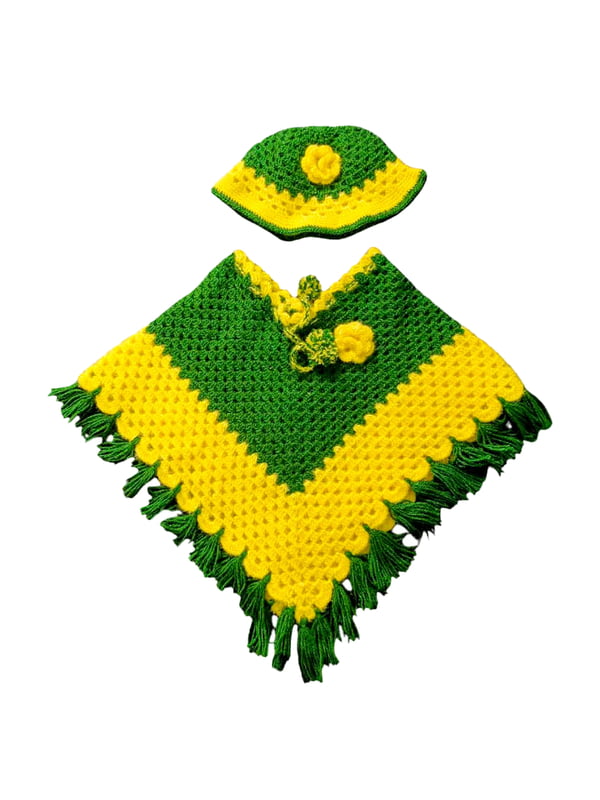 Handknitted green and yellow woolen poncho and cap for kids between 4 and 5 years || winterwear || beautiful design and excellent finish and amazing crotchet work