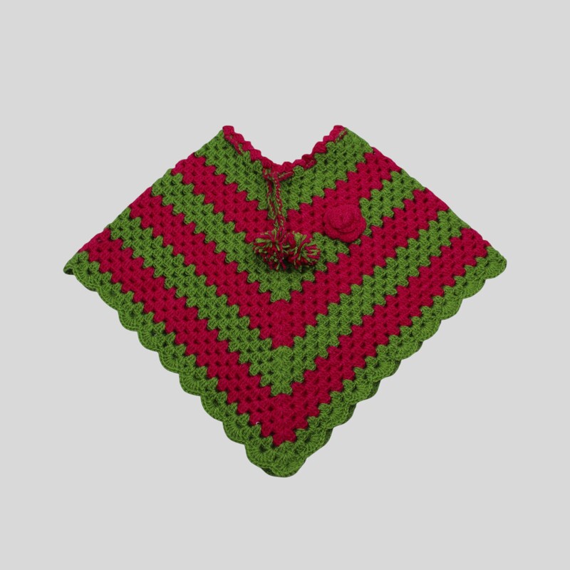 (1-2 Years) Baby Handknitted Woolen Poncho, Red and Green Crochet Design