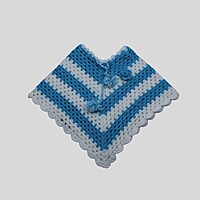 (1-2 Years) Baby Handknitted Woolen Poncho, Blue and White Striped, Crochet Style with Tassels