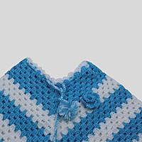(1-2 Years) Baby Handknitted Woolen Poncho, Blue and White Striped, Crochet Style with Tassels