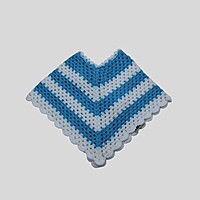 (1-2 Years) Baby Handknitted Woolen Poncho, Blue and White Striped, Crochet Style with Tassels