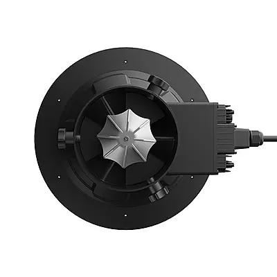 Top angle view of the EFT 14L spreading mechanism showing the motor module Top angle view of the EFT 14L spreading mechanism showing the motor module