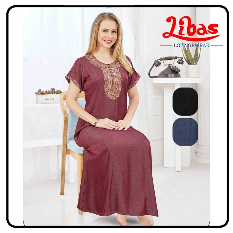 Plain Maroon soft denim Cotton Embroidery Nighty From Libas Loungewear - EN171 Plain Maroon soft denim Cotton Embroidery Nighty From Libas Loungewear - EN171