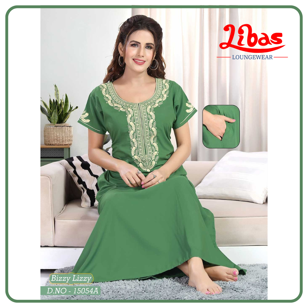 Grass Green Bizi Lizi Plain Embroidery Nighty From Libas Loungewear - EN175 Grass Green Bizi Lizi Plain Embroidery Nighty From Libas Loungewear - EN175