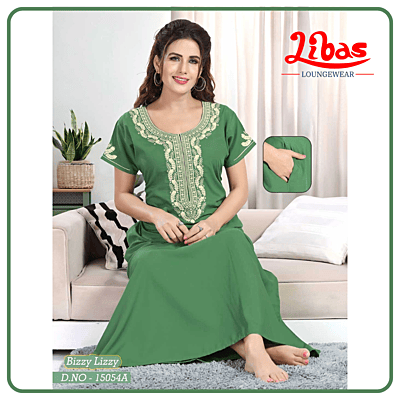 Grass Green Bizi Lizi Plain Embroidery Nighty From Libas Loungewear - PS555