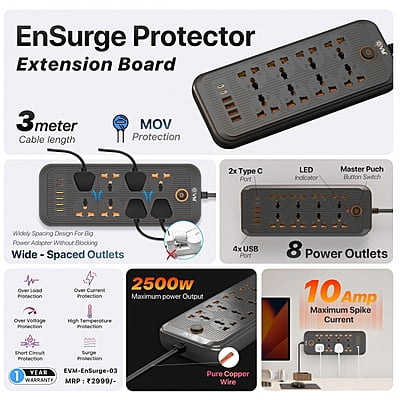 EVM EnSurge-03 Surge Protector | 8 Sockets, 4 USB & 2 Type-C Ports EVM EnSurge-03 Surge Protector | 8 Sockets, 4 USB & 2 Type-C Ports