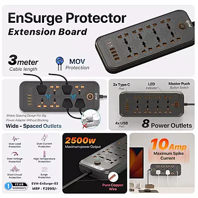SURGE PROTECTOR EVM 8SKT-4USB-2C PIN ENSURGE-03