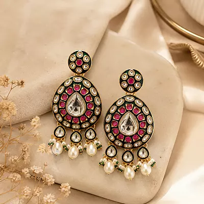 Kundan Reva Mirror Stone Pearl Drop Earrings