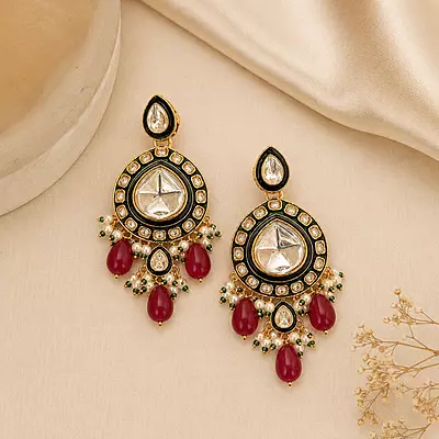 Kundan Nayra Mirror Ruby Pearl Earrings