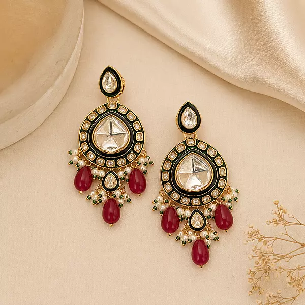 Kundan Nayra Mirror Ruby Pearl Earrings