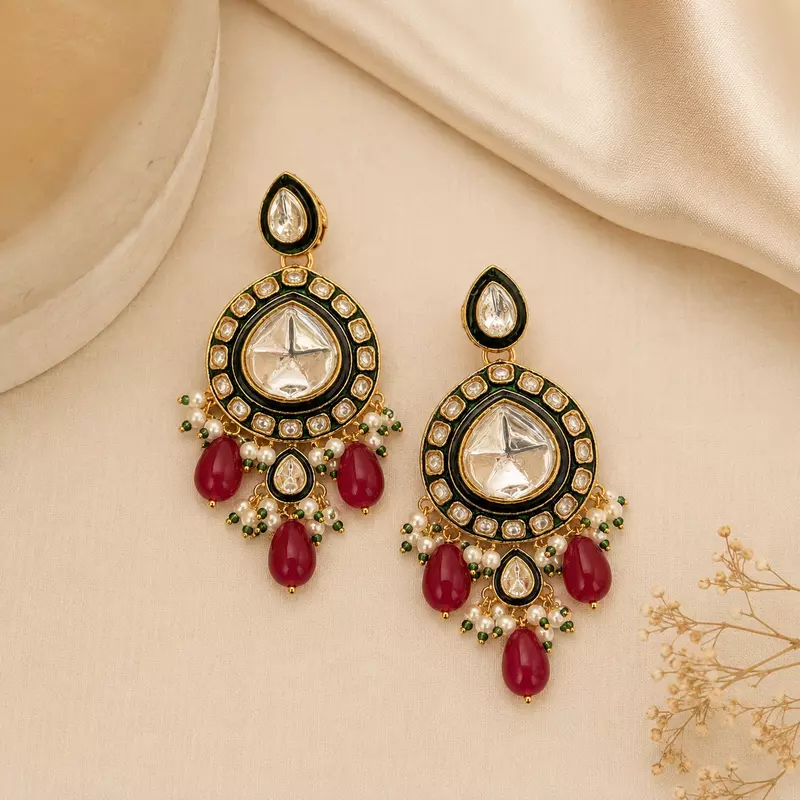 Kundan Nayra Mirror Ruby Pearl Earrings