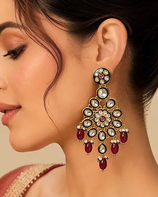 Noor Ruby Beaded Floral Kundan Dangler Earrings