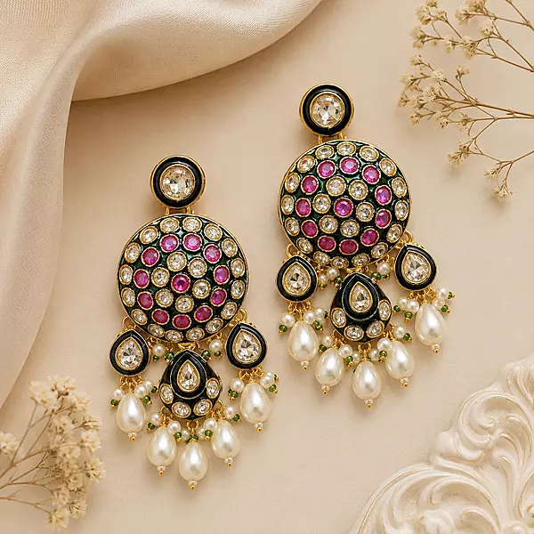 Kundan Ruby Green Pearl Drop Statement Earrings
