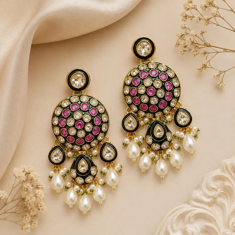 Kundan Ruby Green Pearl Drop Statement Earrings