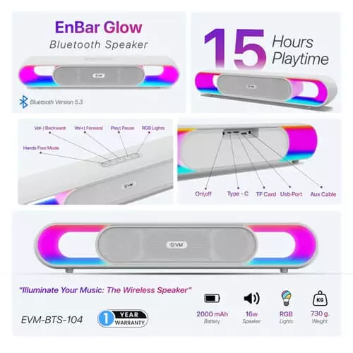 EVM EnBar Glow Bluetooth Speaker 16W RMS – Bluetooth 5.3 | 15H Playtime | Soundbar Design