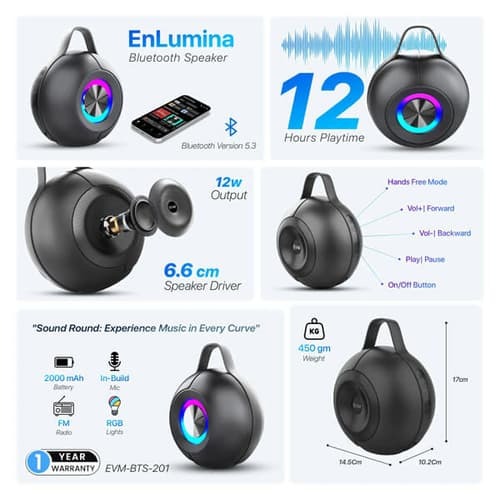 EVM EnLumina Bluetooth Speaker 12W RMS – Bluetooth 5.3 | 12H Playtime | Portable Audio