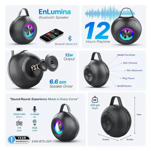 EVM EnLumina Bluetooth Speaker 12W RMS – Bluetooth 5.3 | 12H Playtime | Portable Audio