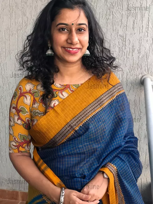 Peacock blue checked Narayanpet handloom cotton saree
