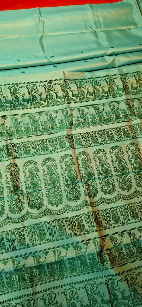 Sea green mustard dual tone body color pure Mulberry silk Baluchari saree