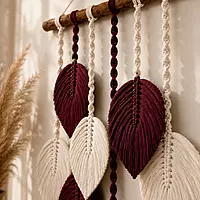 Burgundy & Ivory Macrame Feather Leaf Wall Hanging