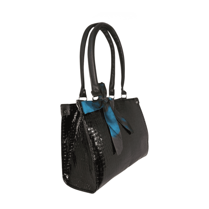 Elegant Black Croc-Embossed Tote Bag with Satin Bow