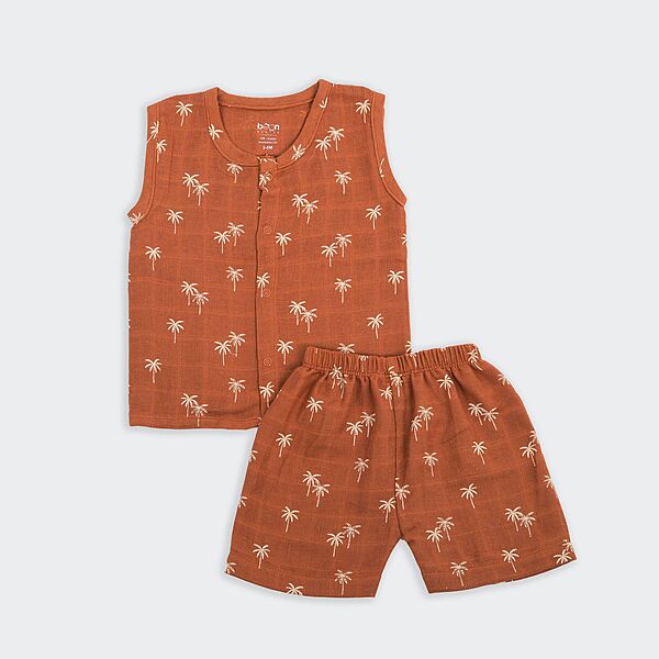 Earth Brown Crinkled Muslin Jhabla & Shorts