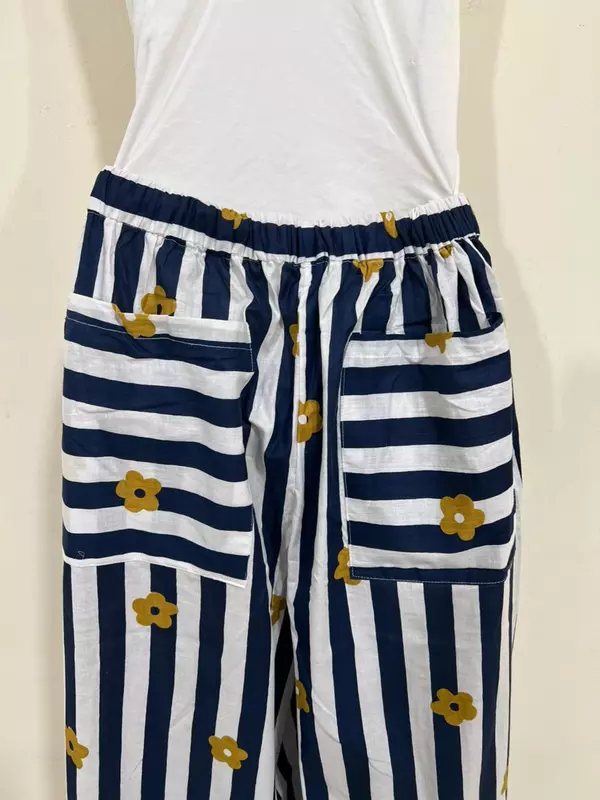 Anya's Flared Lounge pants - Blue & White Stripes with Flowers