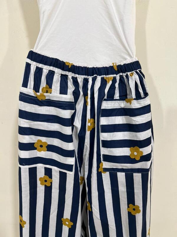 Anya's Flared Lounge pants - Blue & White Stripes with Flowers