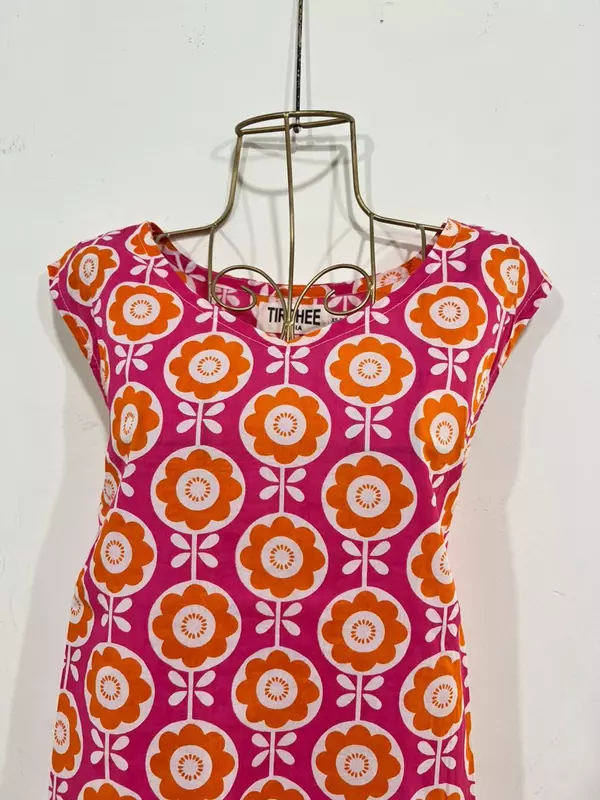 Saira's A-line Dress With a Back Tie - Pink with Orange Flowers