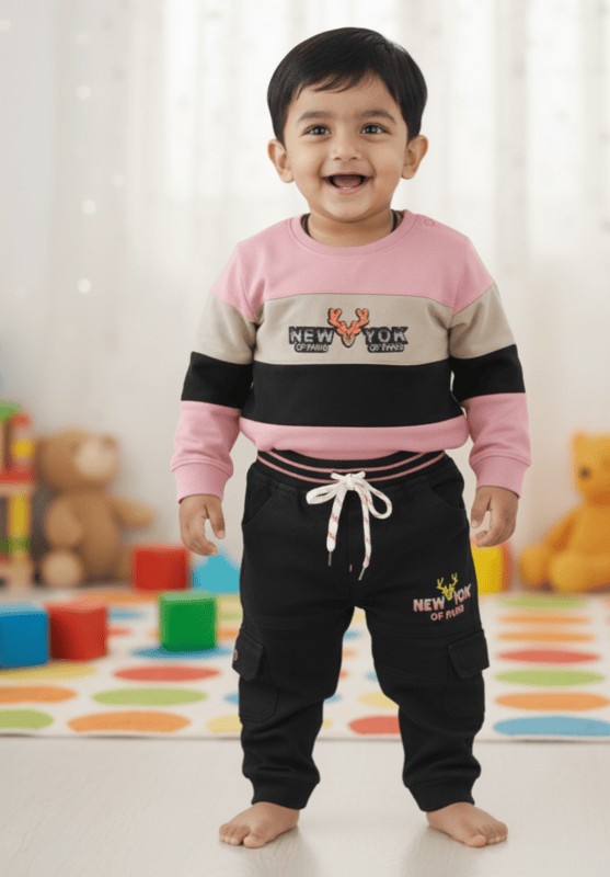 LittleToons Baby Boys Cotton Fleece Sweatshirt & Jogger Set | NewYork Embroidered Top with Black Cargo Joggers | Clothing Set for Boys
